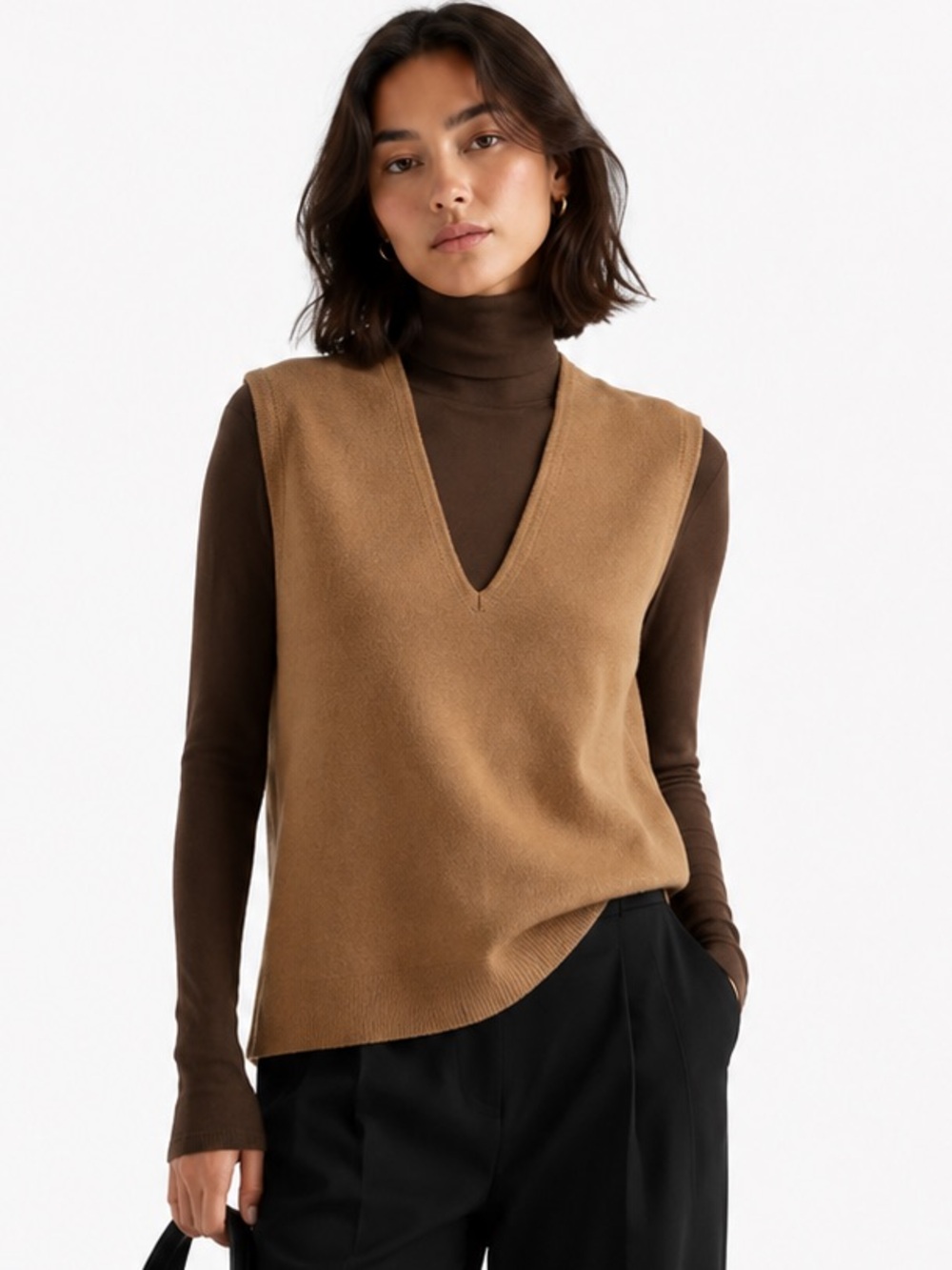 Oak + Fort Oversized Textured Sweater Vest Camel V-Neck Sleeveless Tan Medium